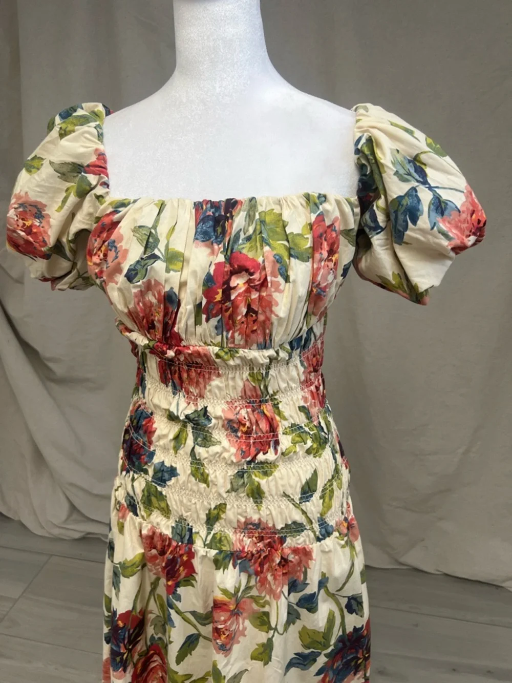 Anthropologie Floral Maxi Dress Puff Sleeve Smocked Sz XS Cottagecore Boho Cream - Picture 4 of 11